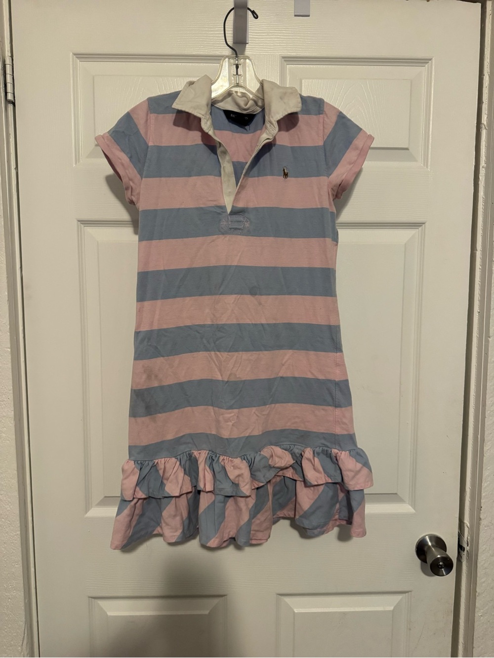 Ralph Lauren Girls' Pink & Blue Striped Polo Dress with Ruffle Hem Girls XL 16